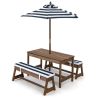 Kids Outdoor Wooden Picnic Table Bench Chairs Cushions Umbrella Set Navy/White