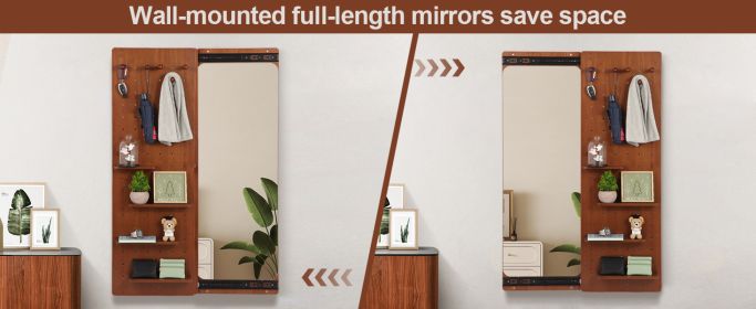 Wall Mounted Full Length Mirror, Full Body Mirror with Shelf, Full Body Mirror with Hook Wall Mounted Mirror with Multifunctional Design Panel
