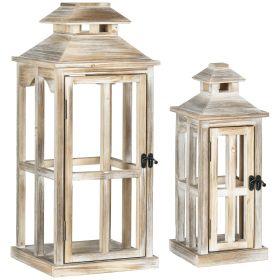 HOMCOM 2 Pack 28"/20" Large Rustic Wooden Lantern Decorative, Indoor/Outdoor Lantern for Home Decor (No Glass), Natural