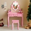 FCH Kids Vanity Set with Mirror and Lights and Stool, 5 Storage Drawers
