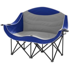 Padded Folding Camp Chair For Adults, Double Camping Chair With Armrests, Cup Holders, Carry Bag For Outdoor, Blue (Color: Blue)