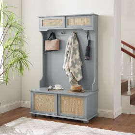 Clothes hanger Hall Tree Storage Bench Shoe Rack for Entryway, Hall Tree with Bench and Shoe Storage, Hall Tree Entryway Bench with Rattan Door W (Color: Gray, Material: MDF)