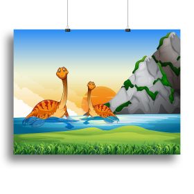 Two dinosaurs in the lake Canvas Print or Poster (Type: Standard Framed Canvas Print, size: X-Large (28" x 20"))